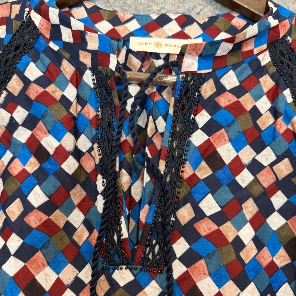 Tory Burch Blouse Womens 14 Geometric Masaic Plaid Lace Boho Tie Top Shirt